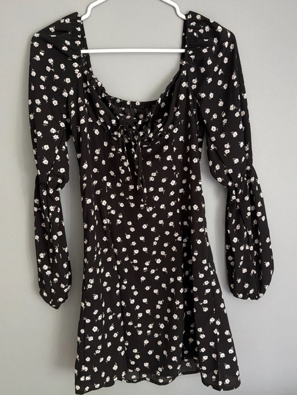 Black Floral Long-Sleeve Square Neck Dress